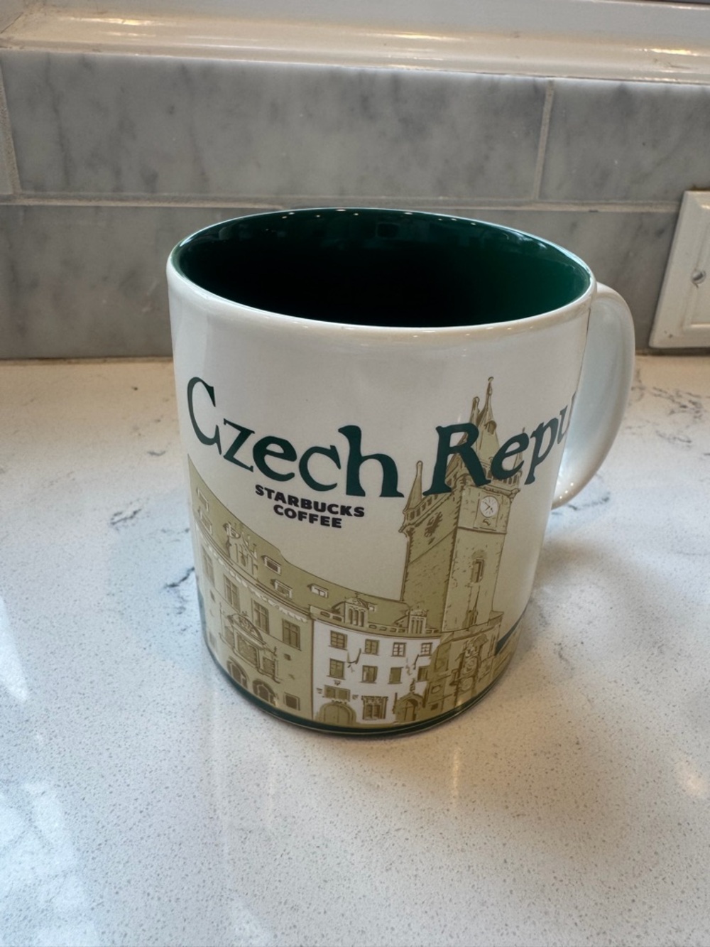 Starbucks Czech Republic Mug - White Exterior with Dark Green Interior